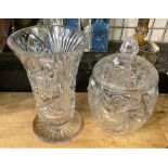 LARGE CUT GLASS VASE & LIDDED VESSEL