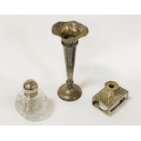 3 H/M SILVER ITEMS - MATCHBOX/CANDLESTICK HOLDER POSY VASE AND CRYSTAL PERFUME BOTTLE