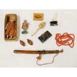 COLLECTION OF INTERESTING ITEMS INCL. NETSUKES, CORAL NECKLACE & SMALL BRONZE FIGURE