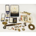 INTERESTING COLLECTION INCL. EARLY KNIFE, VESTAS , SOME SILVER ITEMS, MASONIC JEWEL ETC