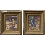 TWO GILT FRAMED OILS - MOROCCAN TRADERS - SIGNED JOSEPH GAY - 24 X 19 CMS