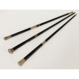 THREE STERLING SILVER TOPPED SWAGGER STICKS