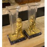 PAIR OF GILT BRONZE & GLASS CHERUB SPILL VASES 23CM H