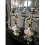 PAIR OF BRONZE & PORCELAIN CHERUB CANDLESTICKS 36CMS (H)