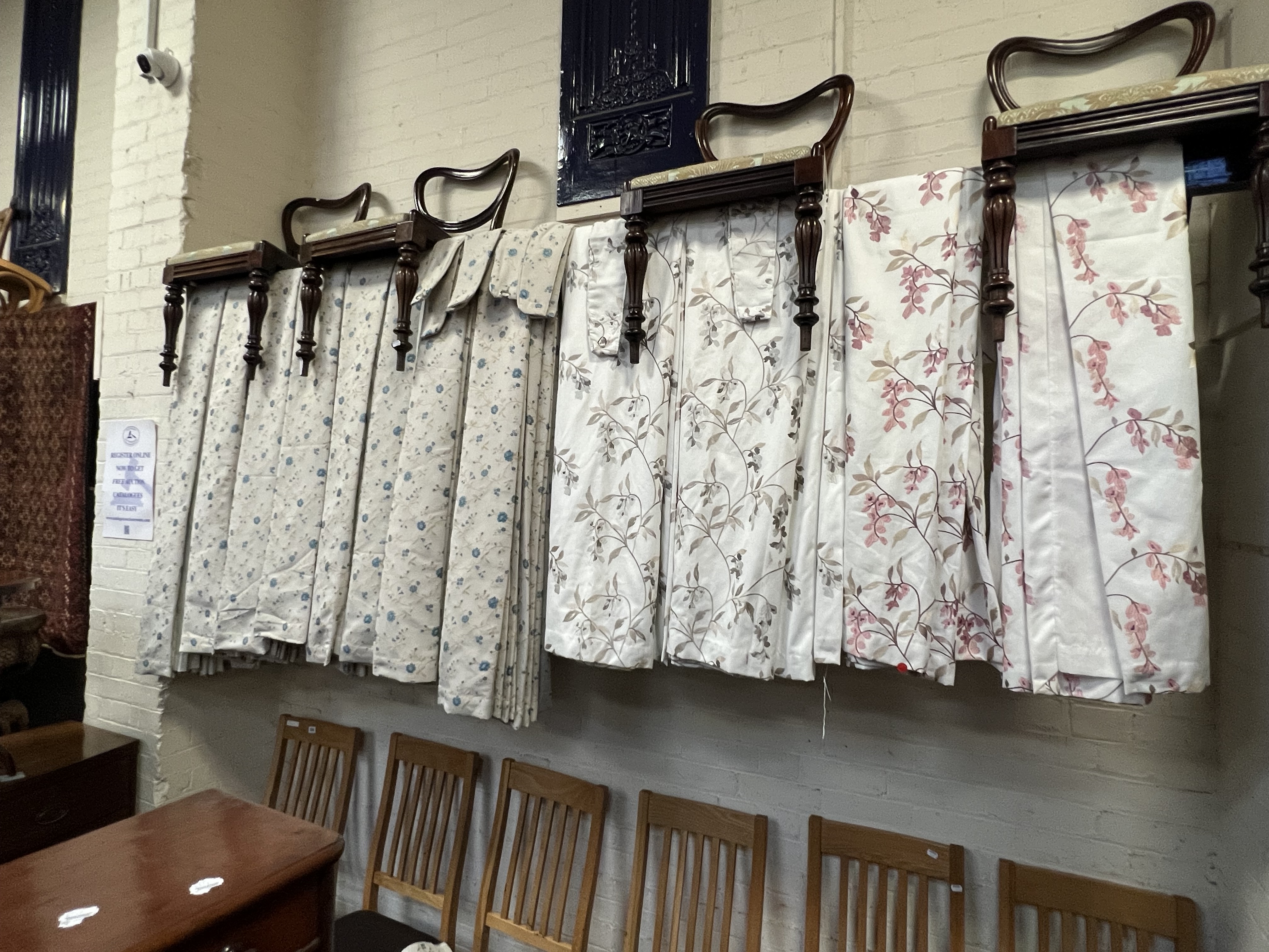 SIX PAIRS OF CURTAINS WITH TIE BACKS - APPROX 90 X 90