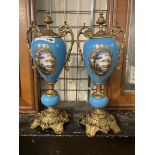 PAIR BRONZE & PORCELAIN URNS 18.5'' APPROX