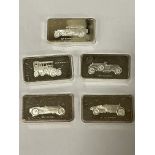 FIVE SOLID SILVER CAR INGOTS 11.5OZ APPROX TOTAL