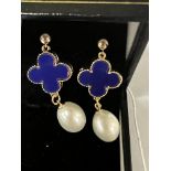 9CT GOLD SOUTH SEA PEARL CLOVER BLUE EARRINGS