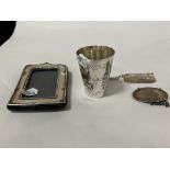 SILVER FRAME, PERU SILVER TUMBLER & 2 SILVER WINE LABELS (NR)