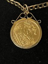 1982 HALF SOVEREIGN MOUNTED IN A 9CT GOLD PENDANT ON A CHAIN - TOTAL WEIGHT APPROX 13 GRAMS