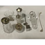 SILVER ASSORTMENT OF GLASSWARE WITH TWO SILVER SPOONS