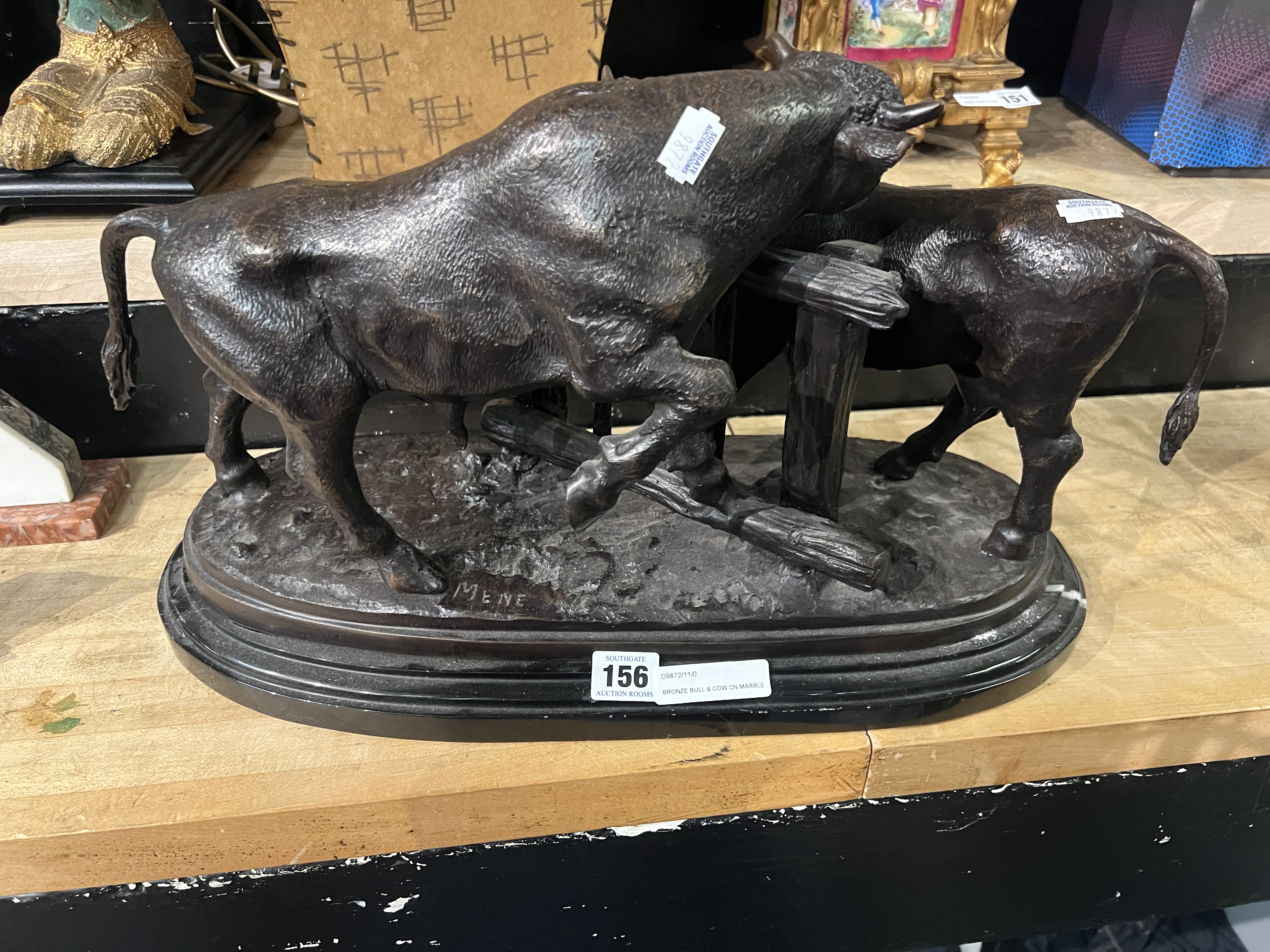 BRONZE BULL & COW ON MARBLE BASE - SIGNED 19'' LENTH APPROX