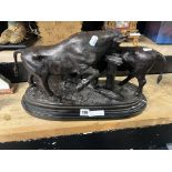 BRONZE BULL & COW ON MARBLE BASE - SIGNED 19'' LENTH APPROX