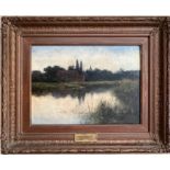 ROBERT A GARDNER (1850-1926) BRITISH. OIL ON PANEL. “SUNSET – WATER NEWTON”. SIGNED.