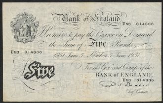 1951 WHITE FIVE POUND BANK NOTE SIGNED BEALE - SN U83 014806