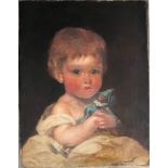 RICHARD BUCKNER (1812-1883) BRITISH. OIL ON CANVAS. “PORTRAIT OF A CHILD HOLDING A TOY”. SIGNED.