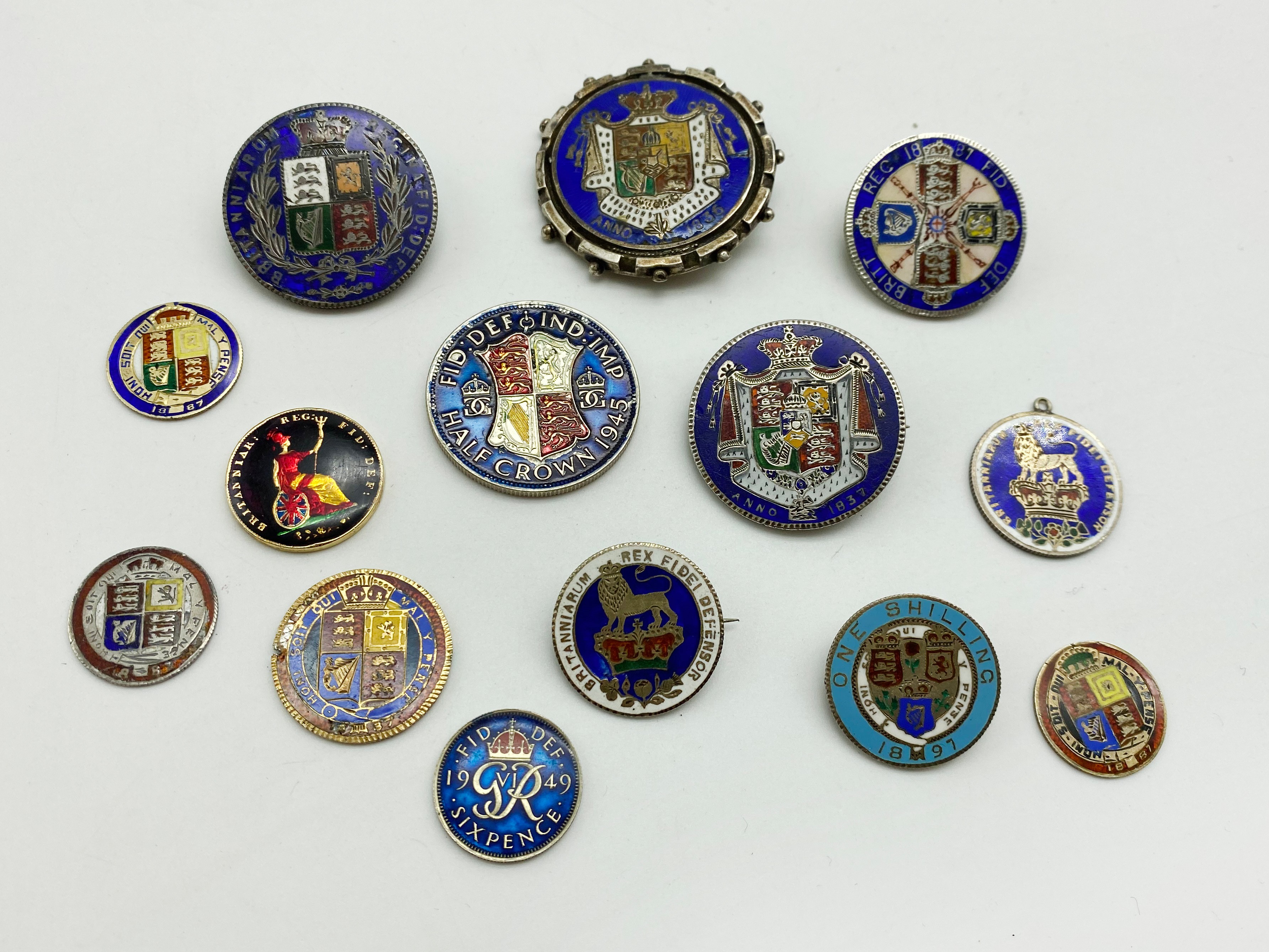 SELECTION OF FOURTEEN VARIOUS ENAMELED COINS SOME EARLY AND SOME MADE AS BROOCHES