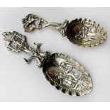 TWO ANTIQUE ORNATE SILVER DUTCH TEA CADDY SPOONS