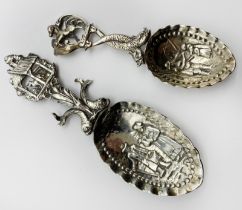 TWO ANTIQUE ORNATE SILVER DUTCH TEA CADDY SPOONS