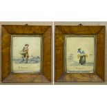 PAIR OF SMALL FRAMED EARLY FRENCH DRAWINGS DEPICTING FISHERMEN AND GLEANER