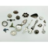 INTERESTING ITEMS LOT INCLUDING SILVER FOB MEDALS SOUVENIRS SILVER SPOONS BROOCHES