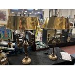 PAIR OF BRASS LAMPS WITH SWAN MOTIF & BRASS SHADES