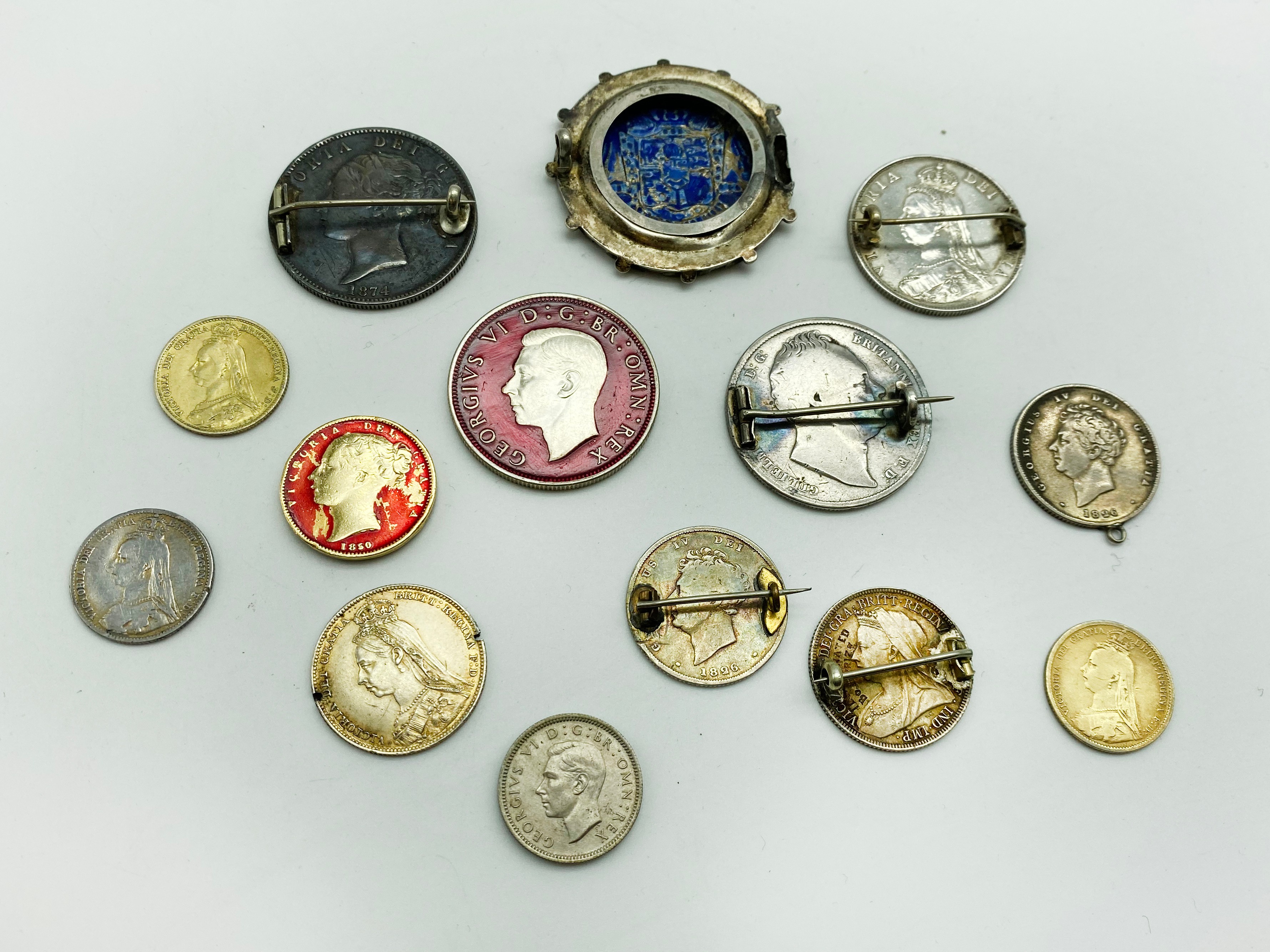 SELECTION OF FOURTEEN VARIOUS ENAMELED COINS SOME EARLY AND SOME MADE AS BROOCHES - Image 2 of 2