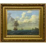 FRAMED OIL ON CANVAS SHIPPING OFF COAST BY P.L. JONES - OIL ON BOARD BY NIELS HANS CHRISTIANSEN
