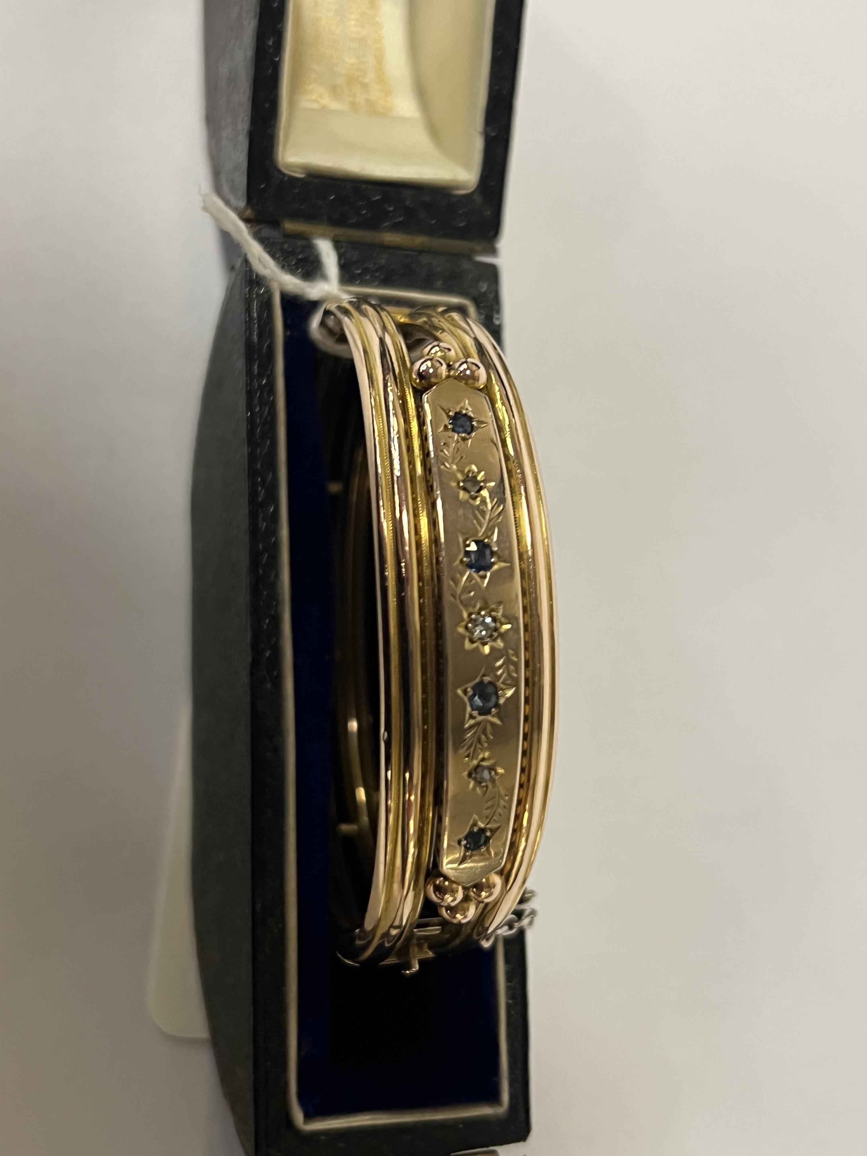 9CT GOLD VICTORIAN BANGLE WITH DIAMONDS & GEMSTONES - CASED