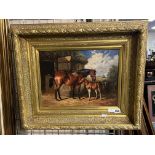 EQUINE STUDY MARE & COLT OIL ON BOARD IN GILT FRAME (INNER FRAME 30CMS X 40CMS)