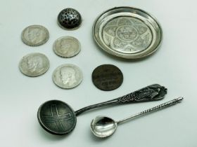 INTERESTING ITEMS LOT INCLUDING FOUR SILVER RUBLE COINS 1898-1907 UNUSUAL SILVER COIN-SPOON