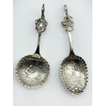 TWO ANTIQUE ORNATE SILVER DUTCH TEA CADDY SPOONS