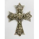 VINTAGE FRENCH LAYERED ORNAMENTAL DECORATIVE WHITE METAL CROSS PENDANT WITH FLEUR DE LIS