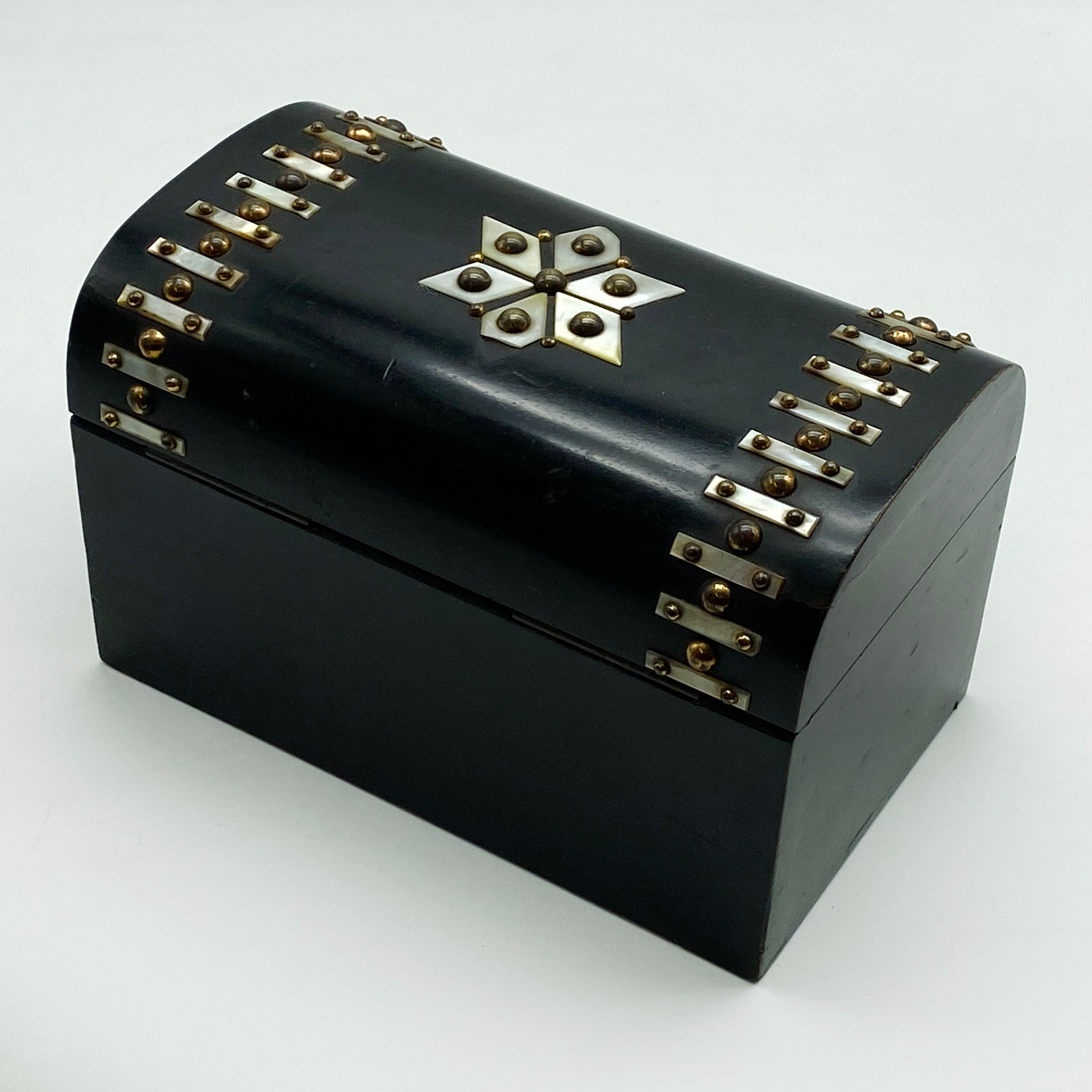ANTIQUE EBONY TEA CADDY WITH MOTHER OF PEARL AND BRASS STUDS & MOSAIC WOOD BOX - Image 3 of 9