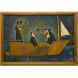 THREE MEN IN A BOAT OIL ON BOARD BY ANDRZEJ KUHN (1929-2014)