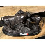 BRONZE BULL & COW ON MARBLE BASE - SIGNED 19'' LENTH APPROX