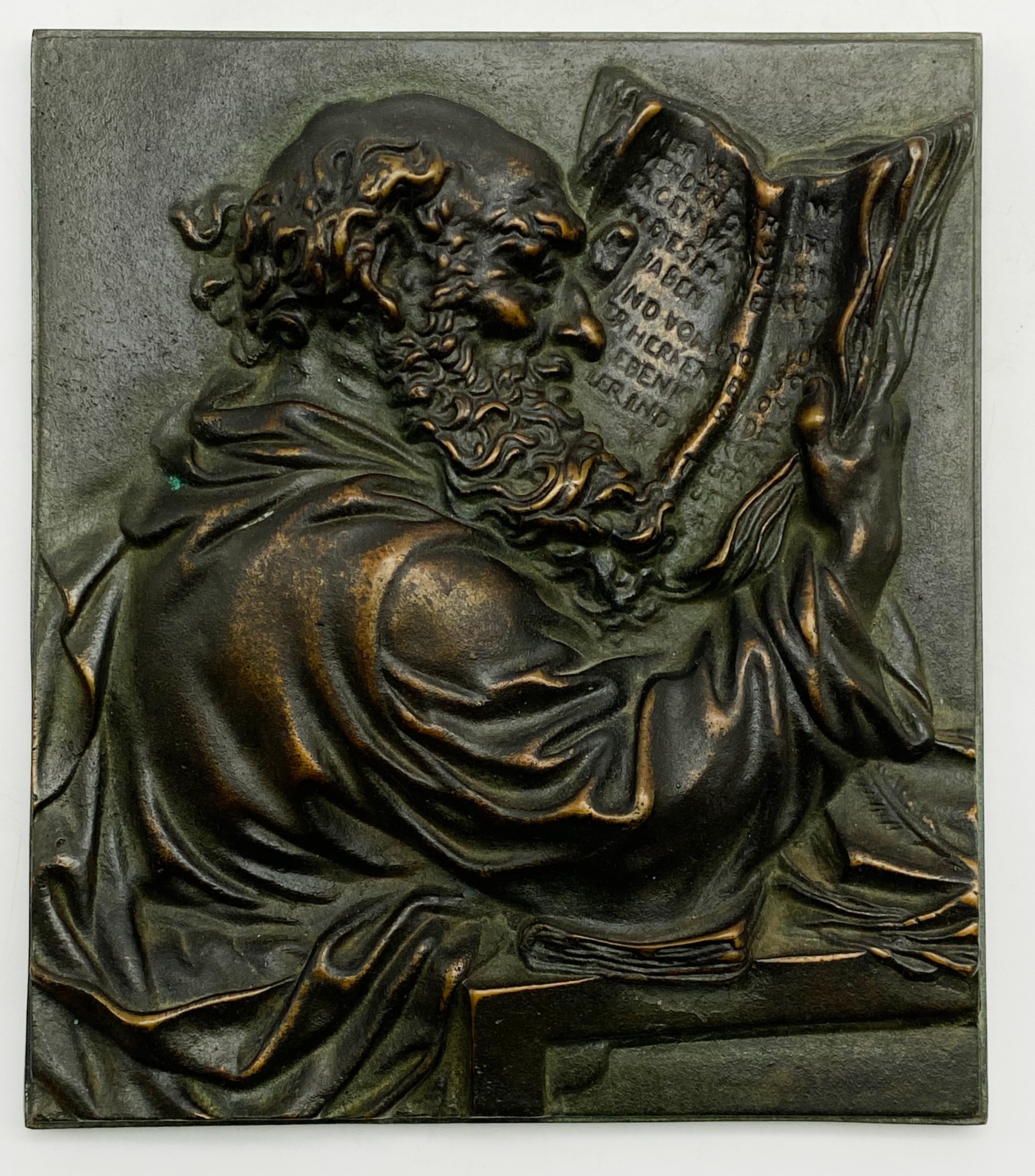 METAL BRONZE RELIEF OF A MAN READING