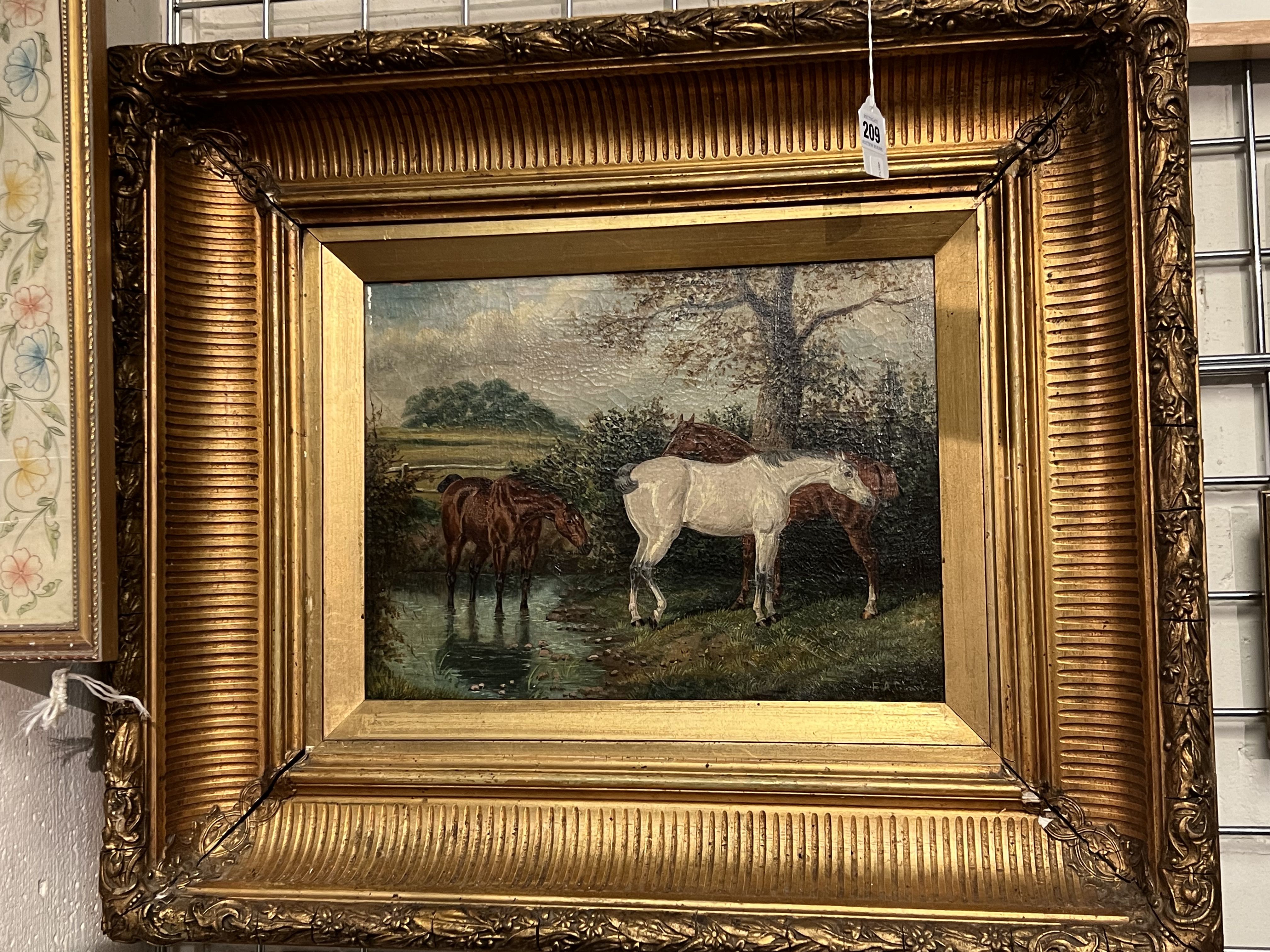 FREDERICK ALBERT CLARK FL1906-1909 OIL ON CANVAS - THREE RACE HORSES IN LANDSCAPE - SIGNED 30CM X