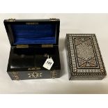 ANTIQUE EBONY TEA CADDY WITH MOTHER OF PEARL & BRASS STUDS & MOSAIC WOOD BOX WITH INLAY BONE &