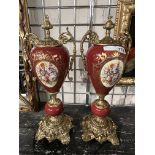 PAIR OF RED PORCELAIN URNS - 18'' (H)