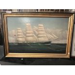 FREDERLIK TUDGAY OIL ON CANVAS OF THREE MAST SHIP - RELINED