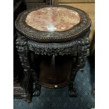 MARBLE TOP CARVED ORIENTAL 2 TIER TABLE