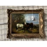 EDGAR H FISHER 1870-1939 OIL ON PANEL - FARMYARD SCENE WITH HORSES & FIGURES - SIGNED 29CM X