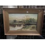 GILT FRAMED OIL ON CANVAS - CATTLE IN LAKE - SIGNED BOTTOM RIGHT