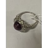 9CT WHITE GOLD CABOCHON AMETHYST & DIAMOND RING - SIZE M