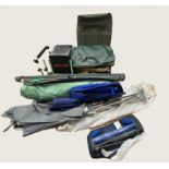 A river fishing seat, a box section seat, various rod holders and fishing equipment