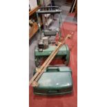 A Balmoral 20s petrol mower lacking blades, a pair of furniture clamps and a Richmond British