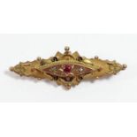 An Edwardian 9ct gold, red paste and diamond chip locket back panel brooch, 42mm, 2.9gm