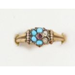 A 15ct gold pink tourmaline and turquoise cluster ring, Birmingham 1922, two settings vacant, O, 1.