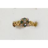 A Victorian 15ct gold emerald and half pearl cluster ring, Birmingham 1899, shank snapped, M, 1.4gm